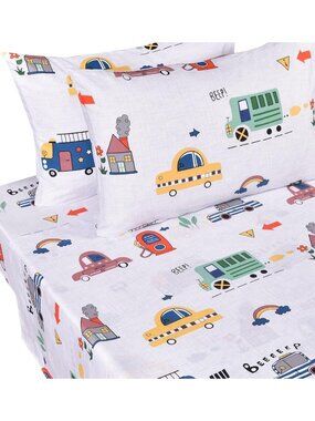Cars & Bus Traffic Full Sheet Set - 100% Cotton Bedding for Boys' Room Decor